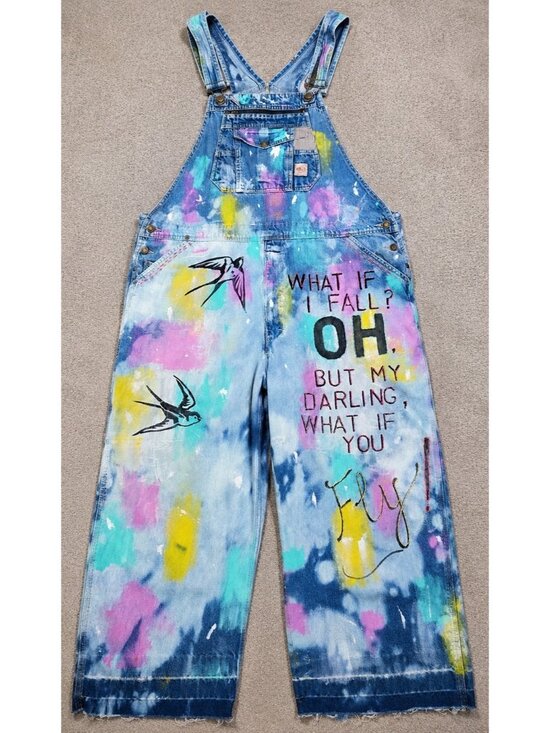 Unbranded Denim - OOAK Upcycled Artwear Oversized Denim Overalls Painted Slow Stitched Boho Whimsy